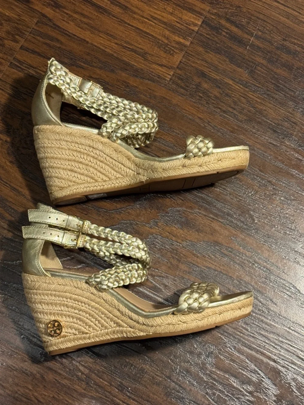 Tory Burch Metallic Gold Braided Espadrille Wedge Sandals, Sz 8.5, Like New